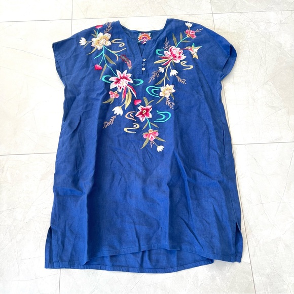 JOHNNY WAS Maisie Blue Linen w Multicolor Embroidery Easy Button Mini Dress XL - Picture 12 of 16